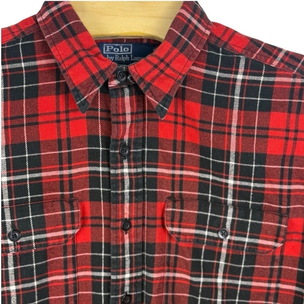 Polo Ralph Lauren Flannel Shirt Mens L Red Black Plaid Cotton Long Sleeve